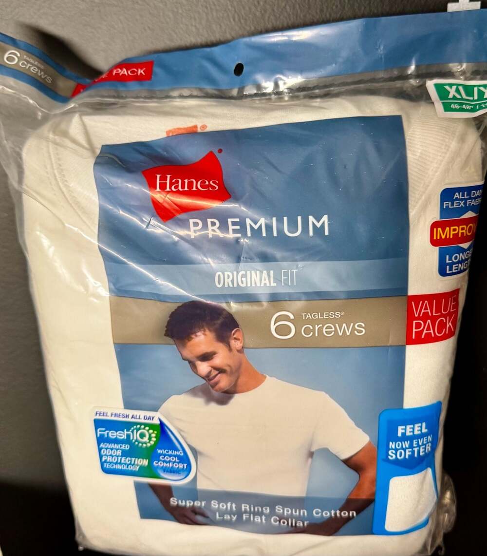 Hanes Premium Original Fit 6 Pack Tagless Crew Neck Undershirts White XL